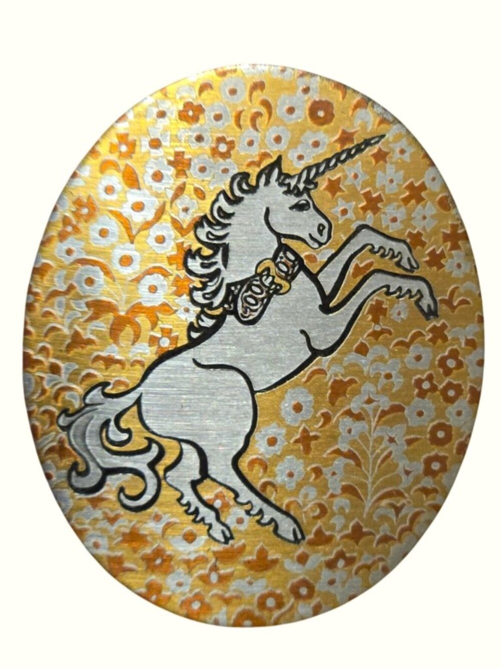 Reed & Barton Damascene Oval Unicorn Brooch Pendant Boho mystical Floral Design